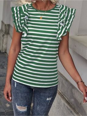 LIKE NEW SHEIN LUNE Striped Butterfly Sleeve Tee - Green/White - Sz M/6